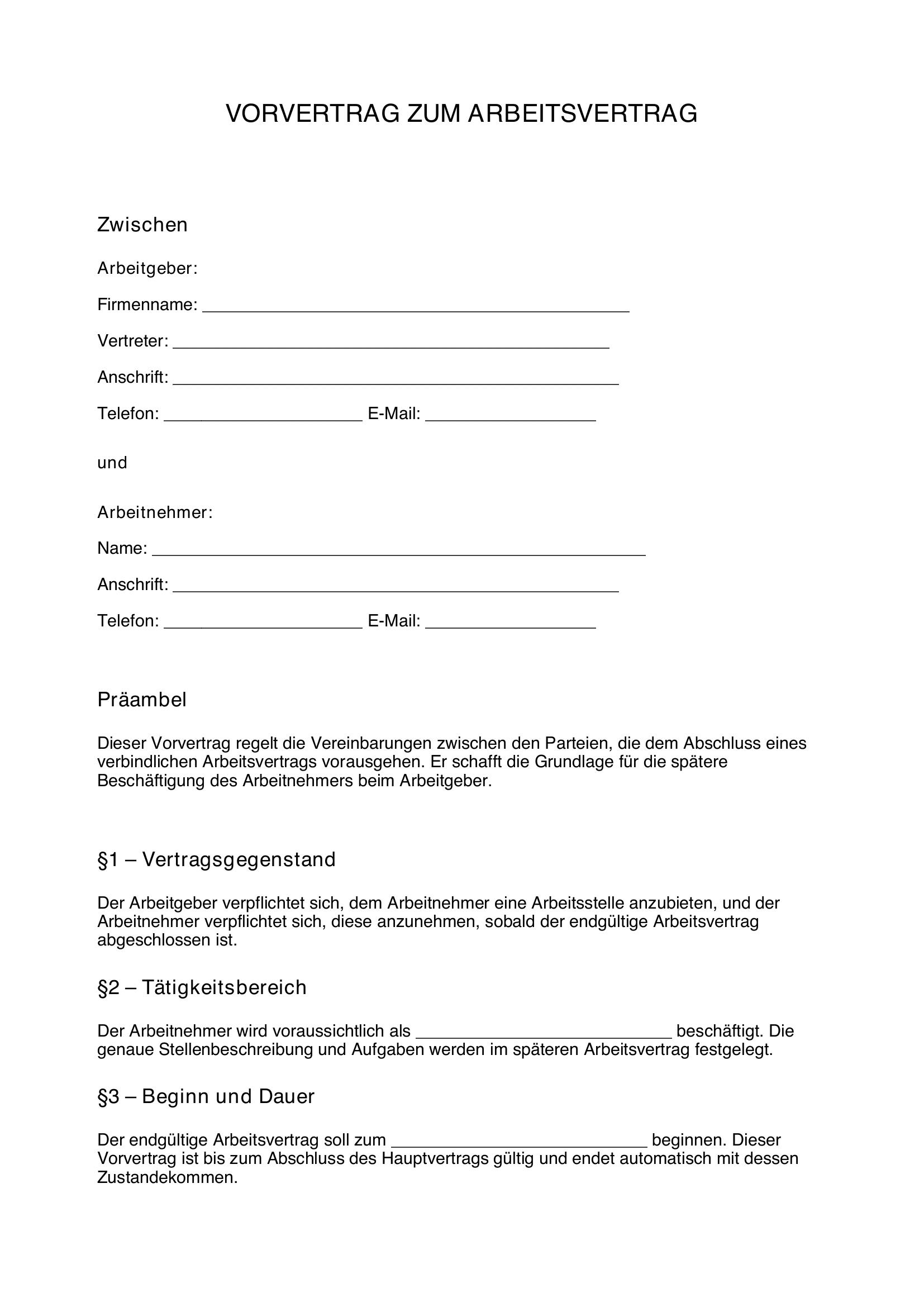 Vorvertrag Arbeitsvertrag