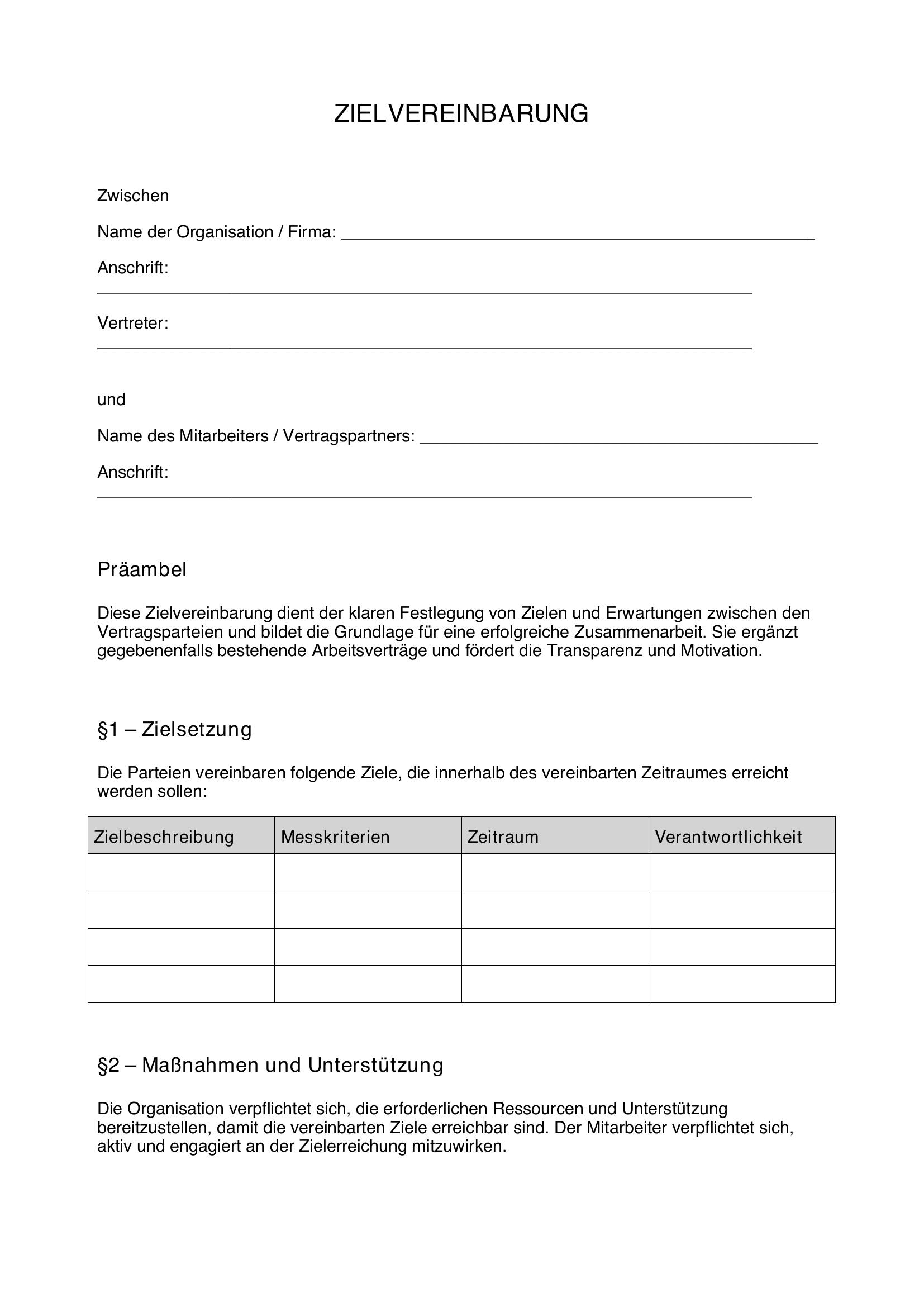 Zielvereinbarung Muster